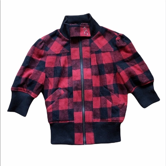 Forever 21 Jackets & Blazers - Forever21 Black and Red Checker Mid Sleeve High Waist Bomber Jacket